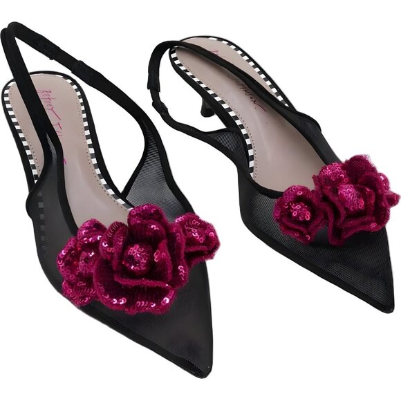 Betsey Johnson Aurorra Slingback Pumps Black with Pink Rose Applique US 7.5M - Picture 1 of 6